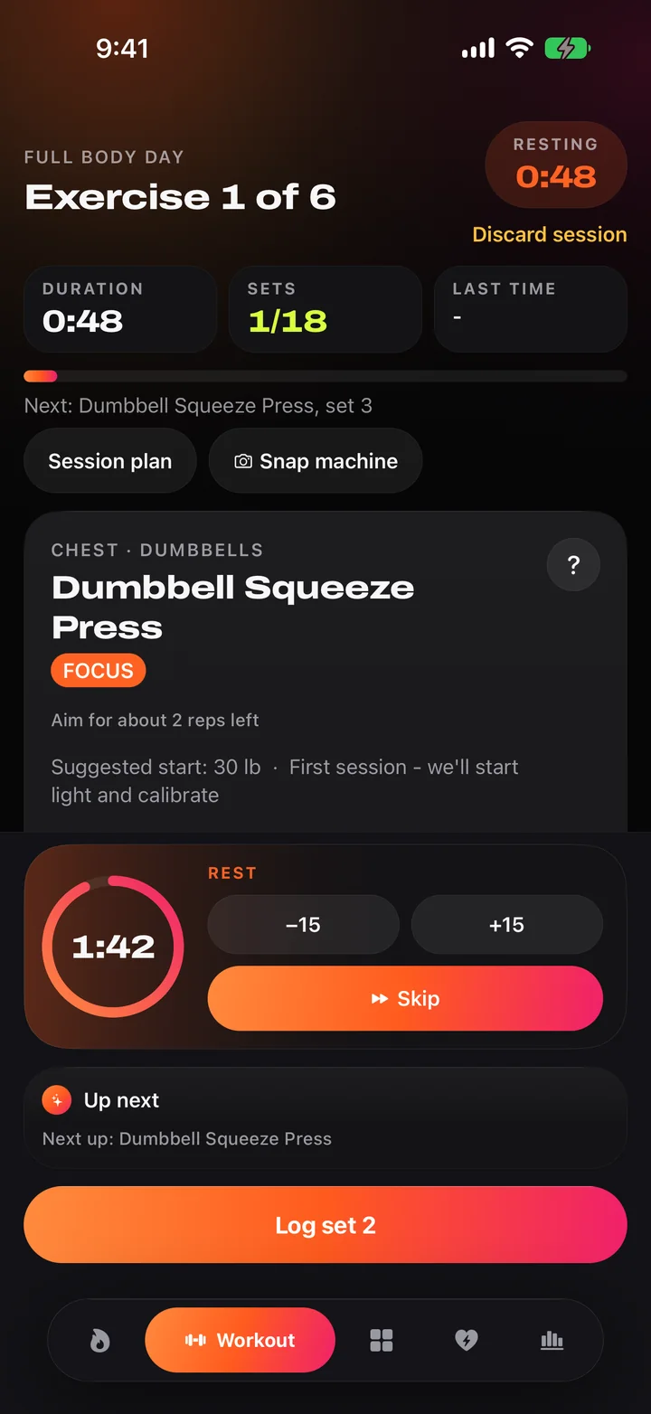 Rest timer counting down 1:42 between sets