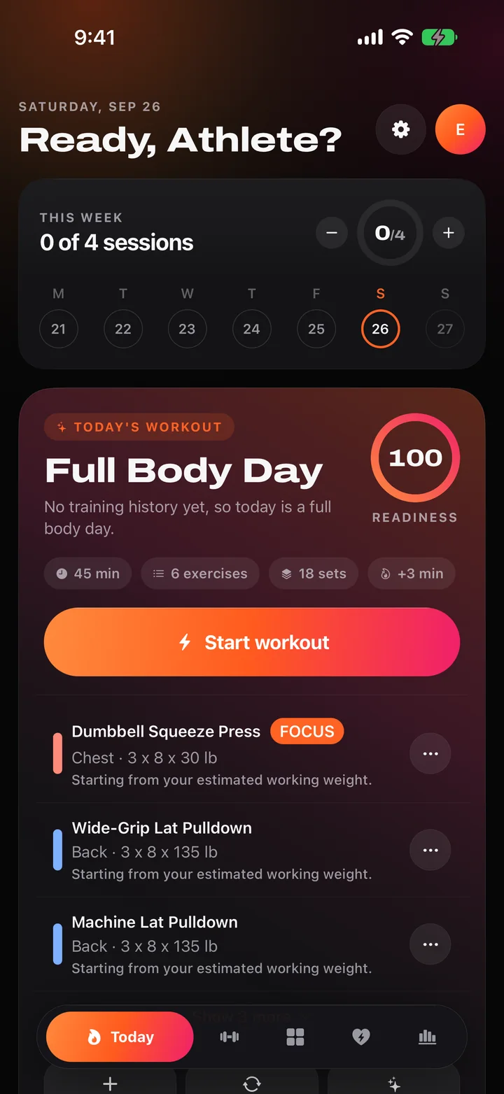 FormForge Today screen showing a planned Full Body Day with a readiness score of 100